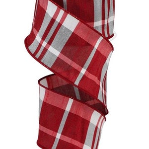 2.5&quot;X10yd Plaid Faux Dupioni Wired Edge Ribbon-Red,White,Grey Plaid