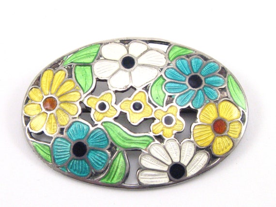 Antique Sterling Silver Floral Enamel Brooch/Anti… - image 1