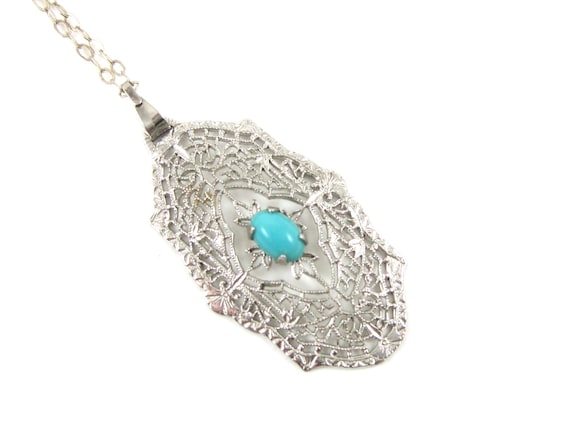 Art Deco Sterling Silver Filigree Pendant With Tu… - image 1