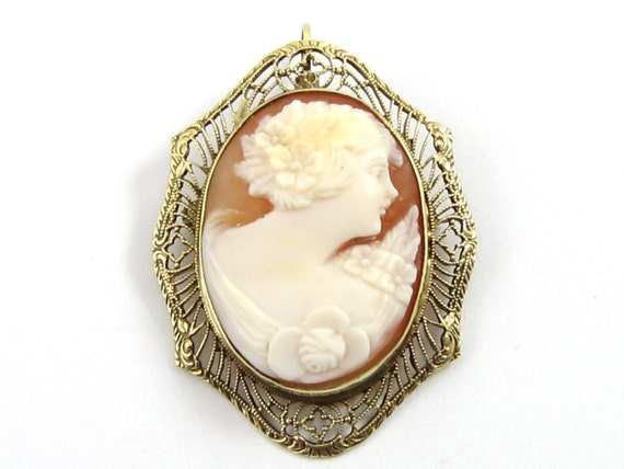 Antique Art Deco 14K Yellow Gold Filigree Shell C… - image 1