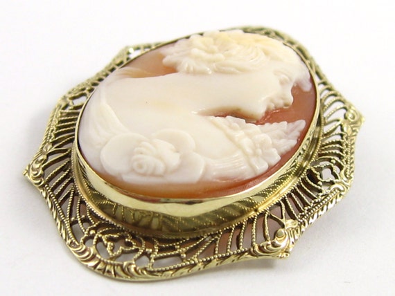 Antique Art Deco 14K Yellow Gold Filigree Shell C… - image 2