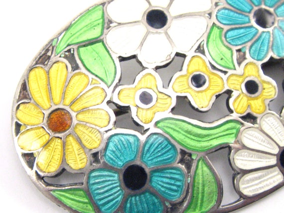 Antique Sterling Silver Floral Enamel Brooch/Anti… - image 4