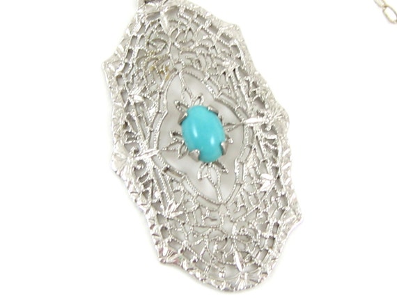 Art Deco Sterling Silver Filigree Pendant With Tu… - image 3