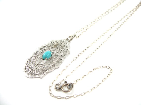 Art Deco Sterling Silver Filigree Pendant With Tu… - image 2