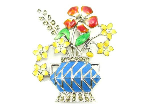 Vintage Art Deco Sterling Silver Enamel Marcasite