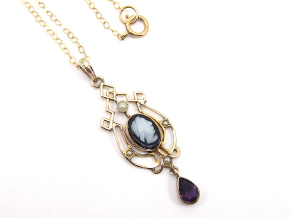 Antique Victorian 10K Cameo Lavalier Necklace/Pendant/Victorian Lavalier/1800's Necklace/Antique Cameo/Victorian Seed Pearl Necklace