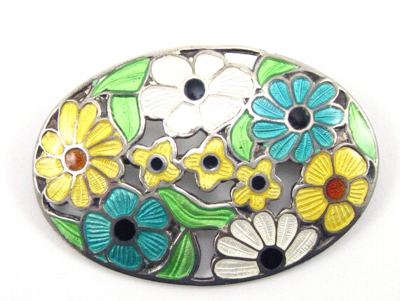 Antique Sterling Silver Floral Enamel Brooch/Anti… - image 5