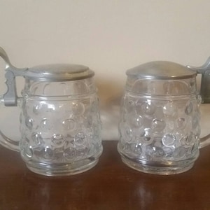 Pair of Vintage Glass Steins/ Bubble Glass Steins/ Set of Glass Steins/ Glass Mugs with Lid/ Pair of Vintage Glass Mugs/ Glass Beer Steins