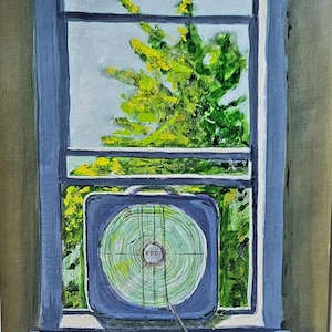 May include: An acrylic painting of a window with a view of a green tree. A blue fan is in the window. The window frame is blue. The painting has a vintage, nostalgic feel.