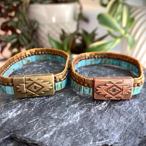 Turquoise Tila Bead Bracelet: Hand Loomed, Antiqued Brass Magnetic Clasp