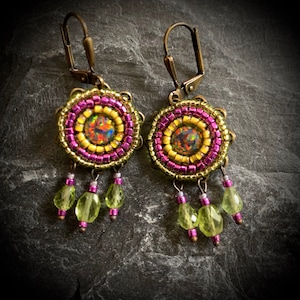 Beaded earrings, hand made jewelry, artisan earrings, colorful jewelry, peridot earrings, fun earrings, gift for her, opal earrings