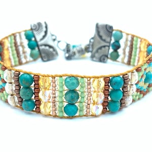 Hand Loomed Turquoise Bracelet: Artisan Beaded Jewelry, Fine Silver Clasp