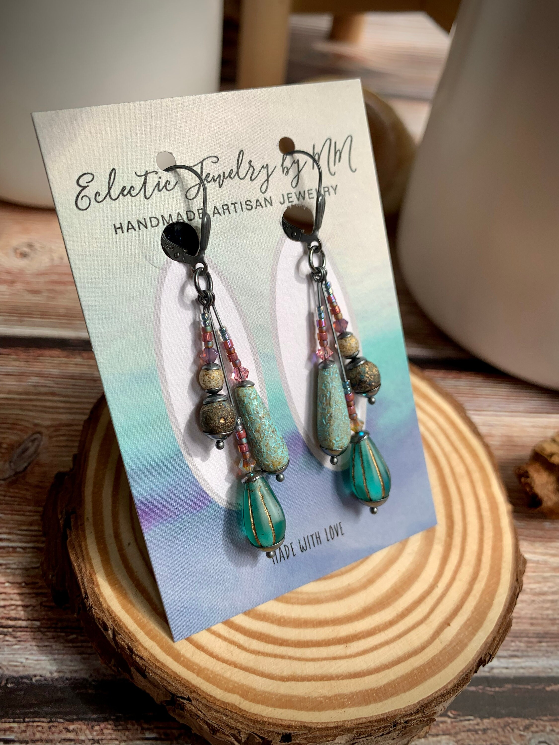 Tatiana Earrings Made of Teal Green, Turquoise, Gold and