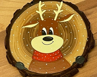Christmas Ornament, Hand Painted, Wood Slice, Reindeer