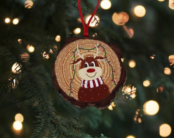 Christmas Ornament Reindeer, Hand Painted, Wood Slice