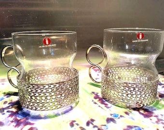 Vintage Iittala Tsaikka Coffee Glasses, Stainless Filigree, Set of 2