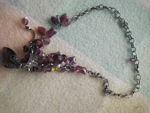 Vintage Beaded Necklace purple glass clusters wit… - image 3