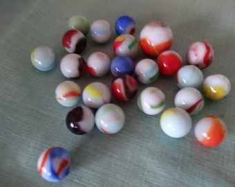 25 Vintage Orange Yellow Brown Purple Blue Green swirls Glass Marbles assorted sizes striking strong colors mid century used