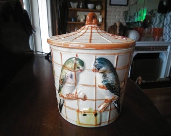 Rare Vintage 1920-30s "Cookie Cage" Biscuit Barrel embossed birdcage hand painted budgies ceramic early-mid century Japan 6 1/2 x 5 1/4 inch