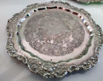 4 Vintage Silver Plated Drink Coasters 1960s Australian EP on Steel 3 3/4inch nicely engraved ornate pattern embossed rim stackable VGC