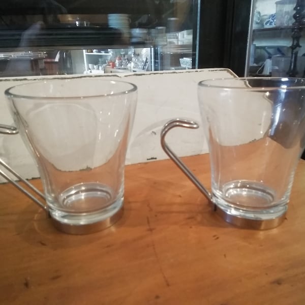 2 Retro Italian Coffee Glasses unused Vitrosax Cups ovenproof glasses with stainless steel frames heavy quality style