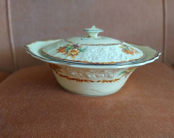 1930 年代の Myott エンボス加工の蓋付きチューリーン ボウル、大胆なオレンジ、イエロー、グリーン、ゴールド、コレクターズアイテム、英国製ボーンチャイナ、VGC