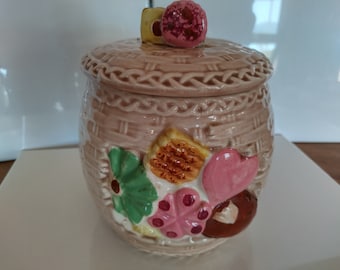 Retro Vintage 1960s Cookie Jar Biscuit Barrel ceramic mid century WDC Original Japan hand painted embossed cookies 2 sides cute bikkie lid