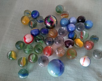 42 Vintage Glass Marbles assortment incl 2 shooters genuine mid century vintage cats eye Iridescent lustre spider crystal etc