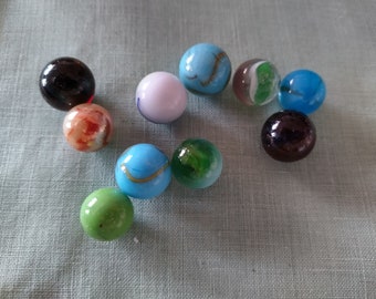 10 Vintage Glass Marbles mid century period assorted designs & colours VGC