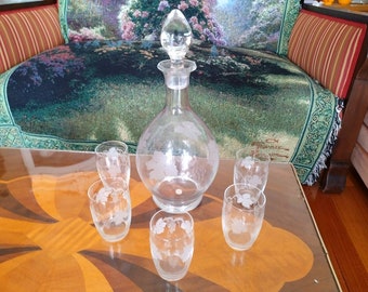 Vintage 1930s Large 12 1/2 inch Etched Crystal Decanter & 5 Glasses 3 3/8 inch tall classic grapevine pattern Czech orig label + stopper