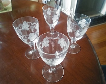 4 Crystal Sherry Glasses Etched Grapevine Pattern vintage stemmed approx 4 inches tall x 2 1/8 inch opening Czech Bohemia
