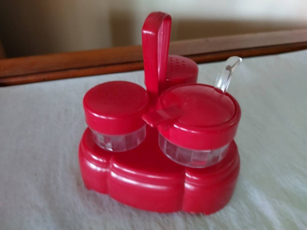 Vintage Retro 60s Cherry Red Plastic Cruet Set Incl Clear Salt & Pepper