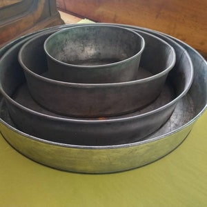 K&ouml;nnte beinhalten: Ein Satz von vier ineinander verschachtelten, runden Kuchenformen aus Metall. Die Formen sind unterschiedlich gro&szlig;, wobei die gr&ouml;&szlig;te Form unten und die kleinste Form in der Mitte liegt. Das Metall hat eine stumpfe, silbergraue Farbe.