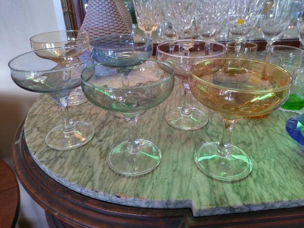 Multi Colored Wine Goblets Glasses Round Bowl Long Thin Clear Stem Etched  Glass