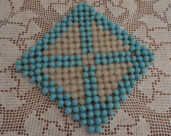 Vintage Glass Beaded Trivett kitsch midcentury handmade geometric approx 5 1/2 inch square heavy colourful