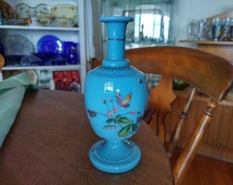 Victorian hand blown opaline glass vase W hand painted flowers butterfly classic antique shape beautifully detailed decoration
