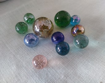 11 Vintage Glass Marbles incl 2 shooters mid century 60s assorted crystals various colours sizes GC