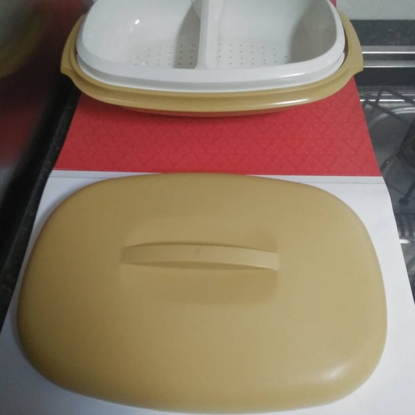 Vintage 80s Tupperware Lidded Microwave Steamer 4 pce set harvest gold & white orig incl base, insert tray with removable divider, and lid