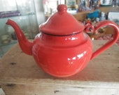 Enamel Ware Bright Red Tea Pot 4 cup cute vintage 1950s approx 5 inches tall x 8 1 2 inches across incl spout handle GC