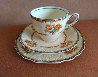 1930s Myott embossed Floral Trio of Tea cup, saucer, and side plate) bold orange yellow green gold collectible English bone china VGC
