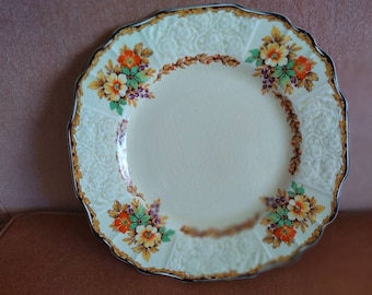 1930s Myott embossed dinner plate bold orange yellow green gold collectible English bone china VGC