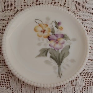 Vintage Hand Painted Pansies Plate milk glass Purple and Yellow on white approx 7 1/2 inch stylish dished profile & beaded edge mid century
