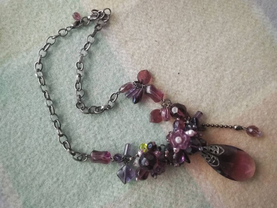 Vintage Beaded Necklace purple glass clusters wit… - image 2