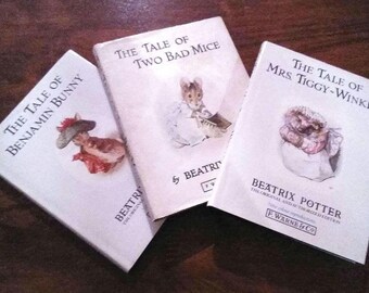 3 Beatrix Potter books Benjamin Bunny, Two Bad Mice, Mrs. Tiggy-Winkle classic small hardcovers with great illustrations and dust covers VGC