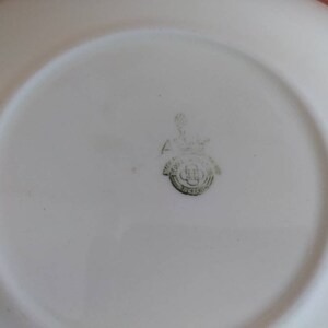 May include: Close-up of the bottom of a white ceramic plate with a green and white logo that reads "Royal Staffordshire" in a circle.