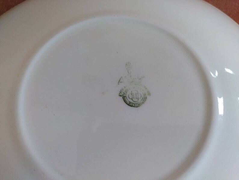 May include: Close-up of the bottom of a white ceramic plate with a green and white logo that reads "Royal Staffordshire" in a circle.