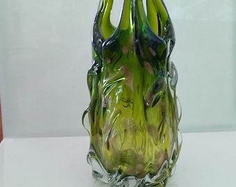 1960s Green Art Glass Flame Vase 10.5 inches W gold fleck highlights large heavy