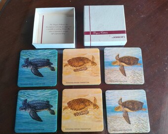 Vintage Sea Turtle drink coasters boxed set of 6 Quality Jason brand environmental conservation WWF funding Ong Soo Keat artist with notes