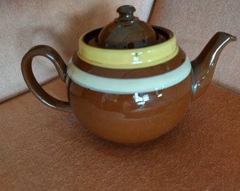 Vintage Brown Betty Teapot ALB Brown Glaze classic 6-8 cups yellow white stripes ceramic 1920-40s made in England