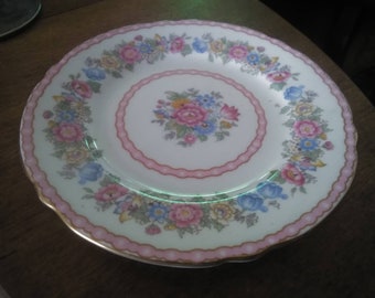 Shelley Pompadour 13516 vintage English side or cake plate colorful ornate floral pattern pink blue on white 6 inch gold rim GC
